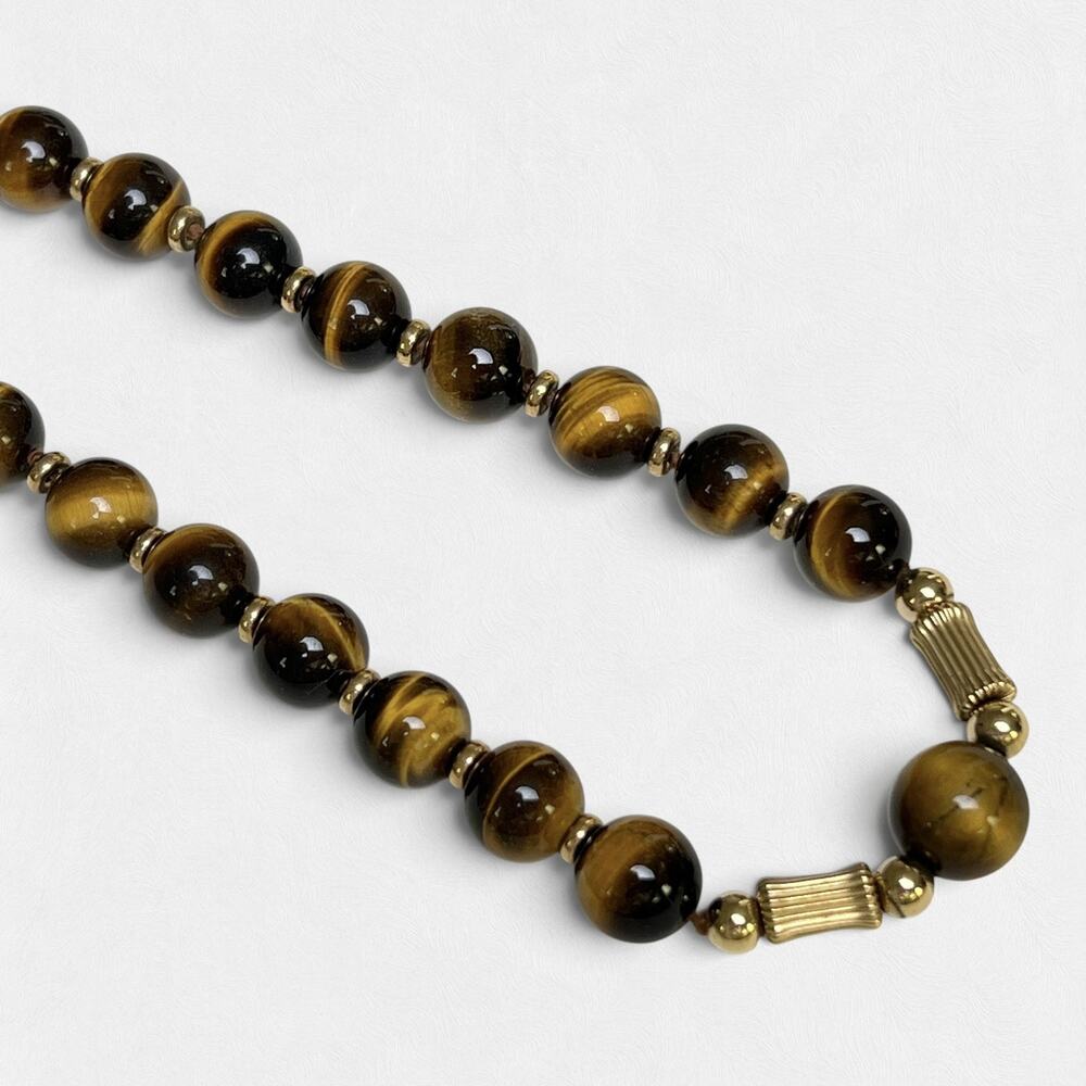 Tigers Eye Beaded Necklace Vintage Gold Tone Fluted Tube Spacers Retro 70s Boho